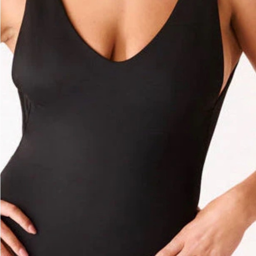 Classic Black One-Piece Swim Suit - Sleek V-Neck Design